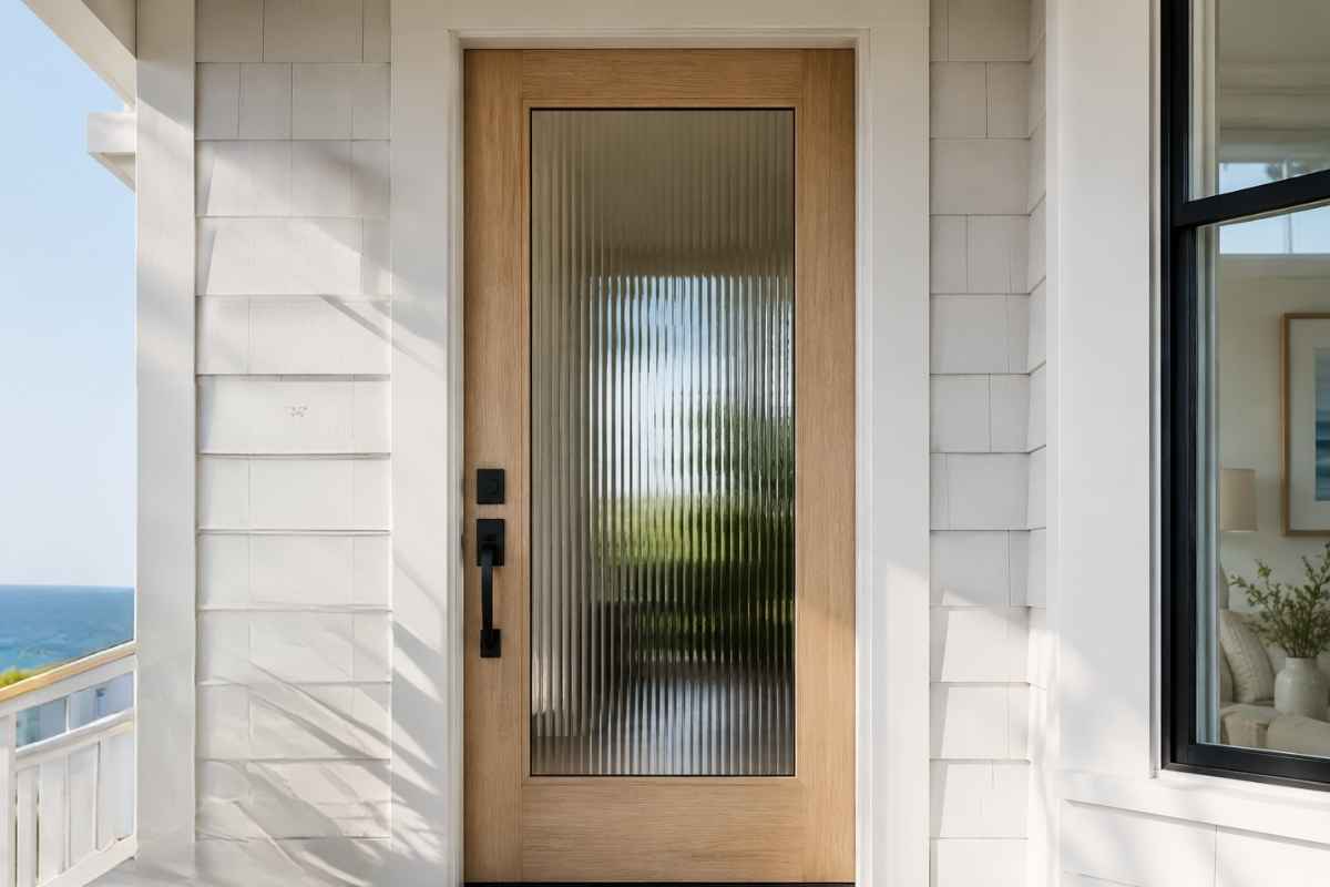 Coastal home entrance featuring a light oak wood front door with a full-lite reeded glass panel, white horizontal siding and matte black hardware