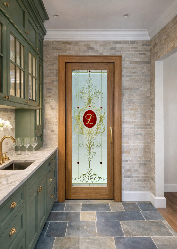 Modern natural wood pantry door with decorative frosted monogram glass and brass hardware