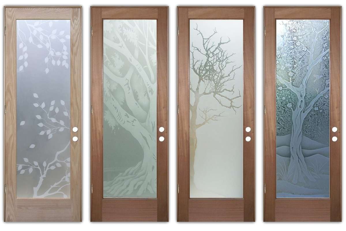 Craftsman front doors with tree-patterned glass