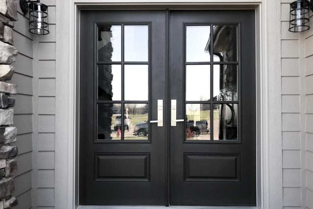 Double wood front doors with coordinating clear glass panels