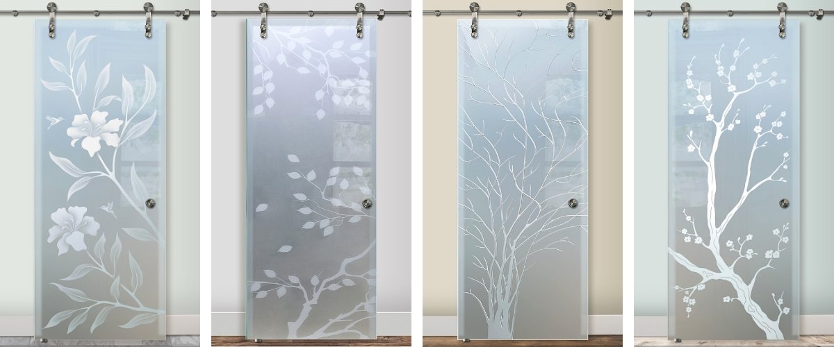 Private glass barn doors with privacy glass designs