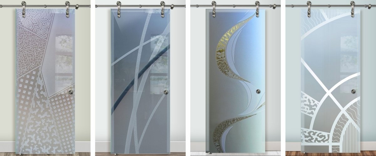 Decorative etched glass barn doors with 100% privacy for bathrooms