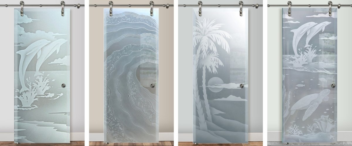 Coastal themed glass barn doors with privacy glass