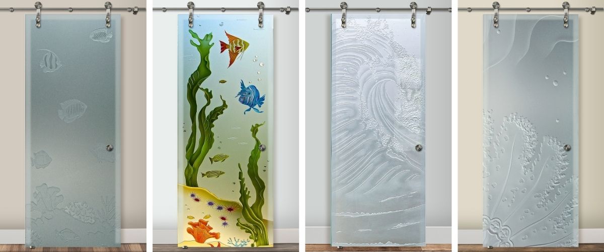 Privacy glass barn doors with coastal-themed designs