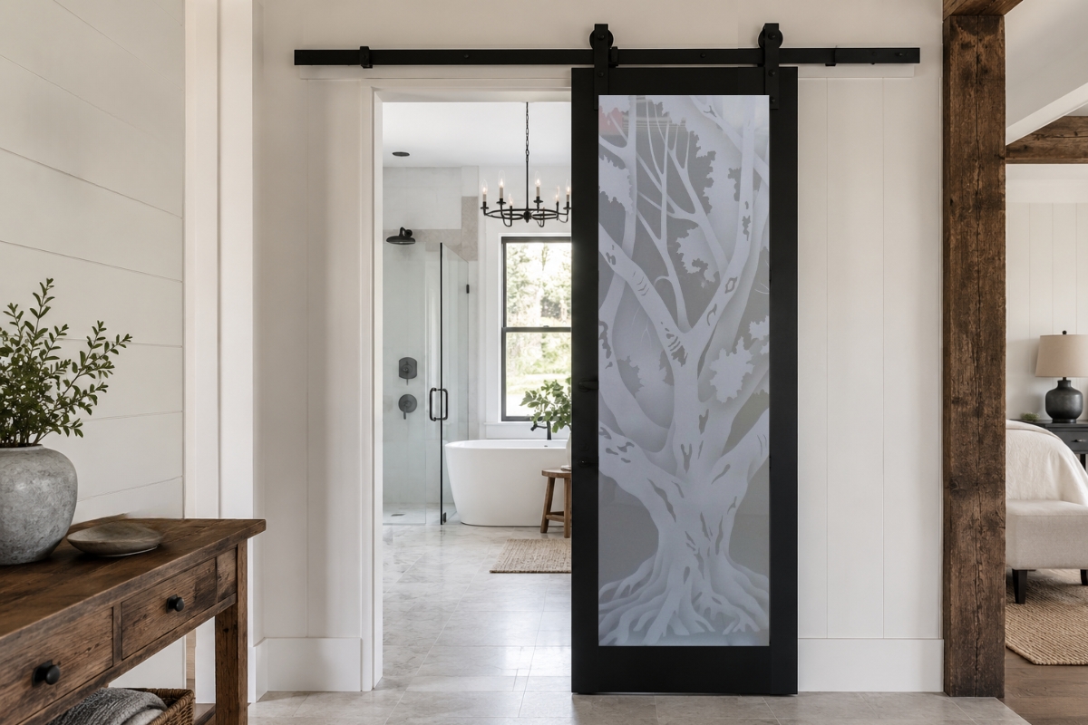 Contemporary black frame glass barn door with decorative glass opening to a modern bathroom