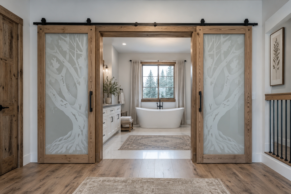 Modern farmhouse bathroom viewed through open double barn doors with glass with Oak Tree II 2D decorative frosted glass panels, rustic wood frames, black hardware, freestanding tub, and bright spa-inspired interior.