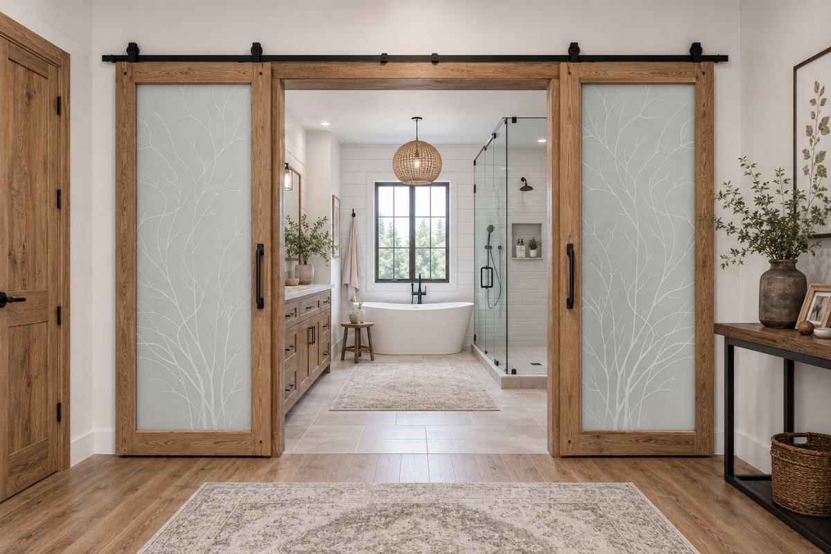 Modern double barn doors with glass with Wispy Tree 1D decorative frosted glass panels, rustic wood frames, black hardware, walk-in shower, and warm contemporary farmhouse décor.