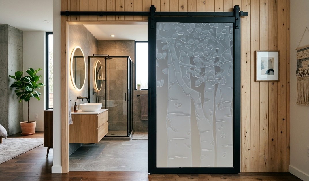 Contemporary black frame glass barn door with decorative privacy glass opening to a modern bathroom featuring a floating wood vanity, walk-in shower, and minimalist design.