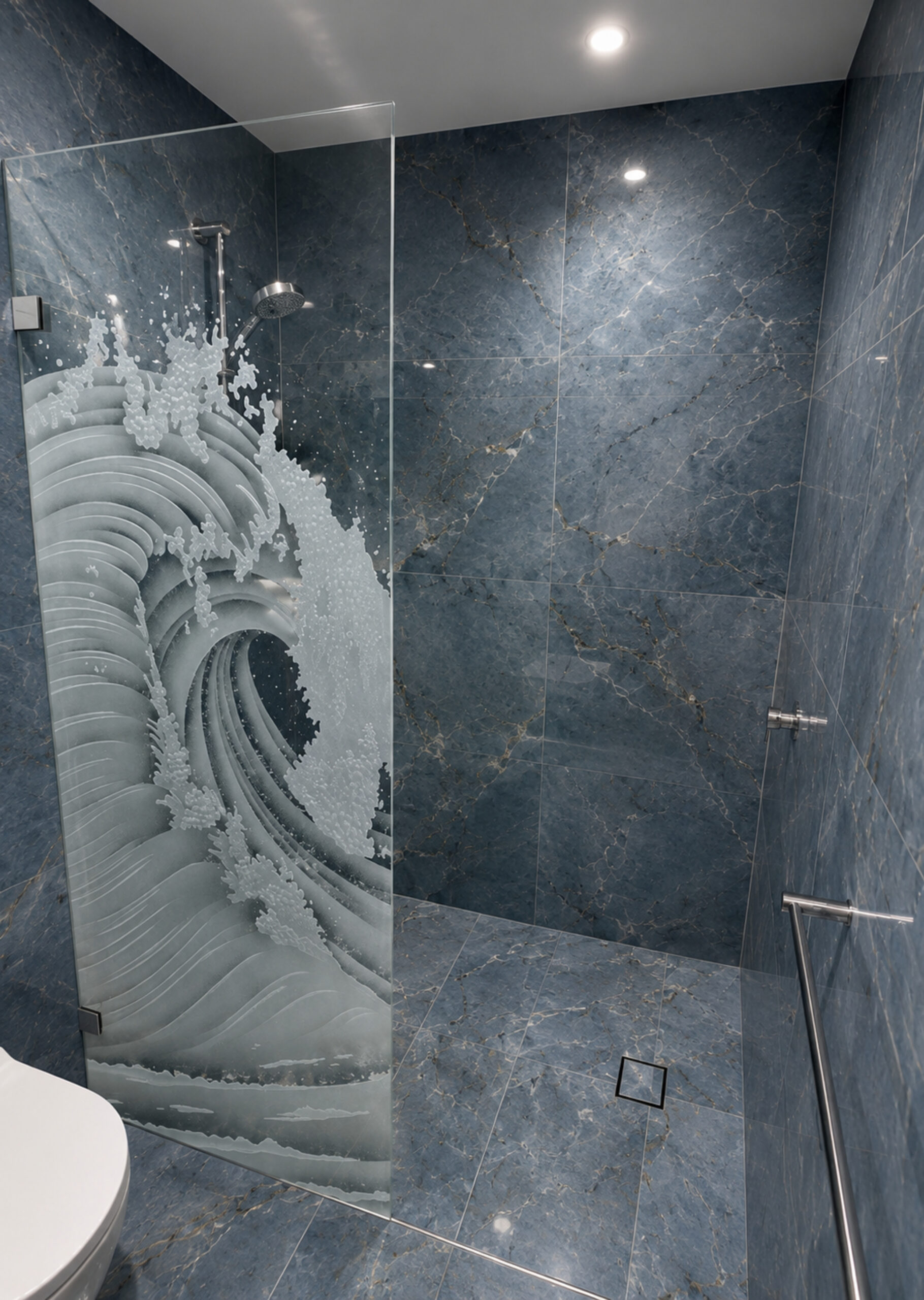 Custom etched glass partition featuring a dramatic wave design