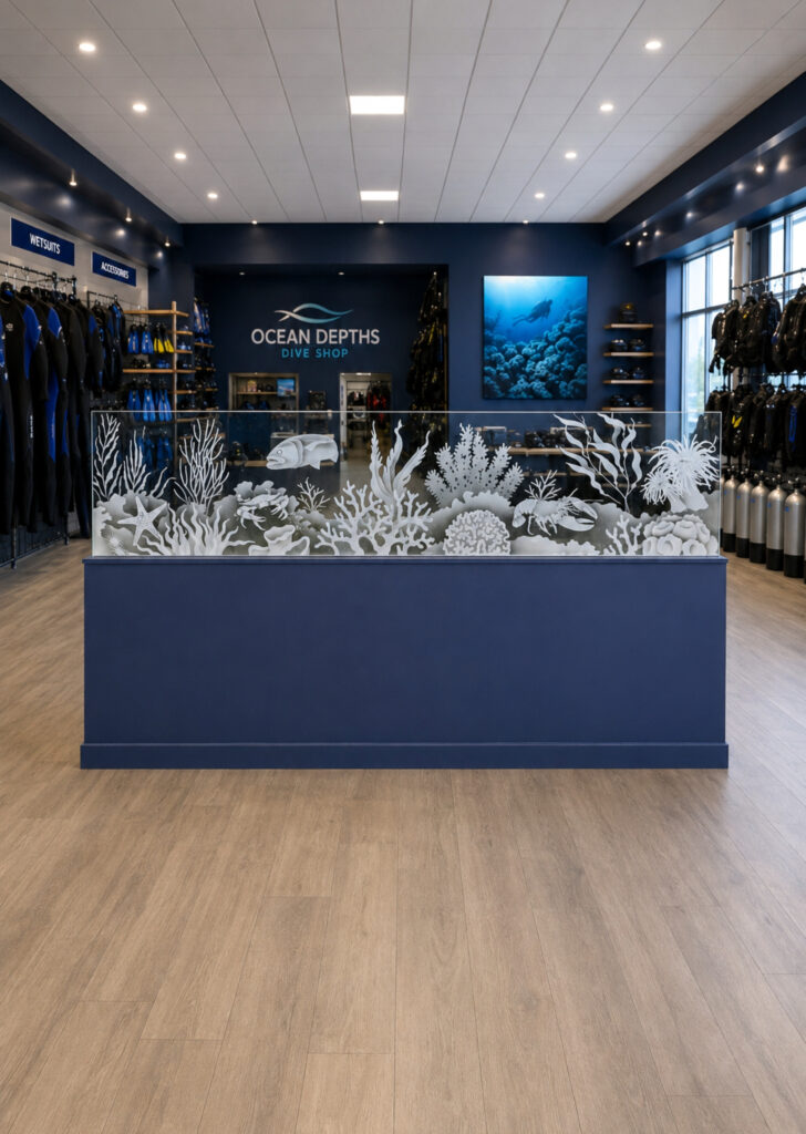 Ocean-themed glass partition panel