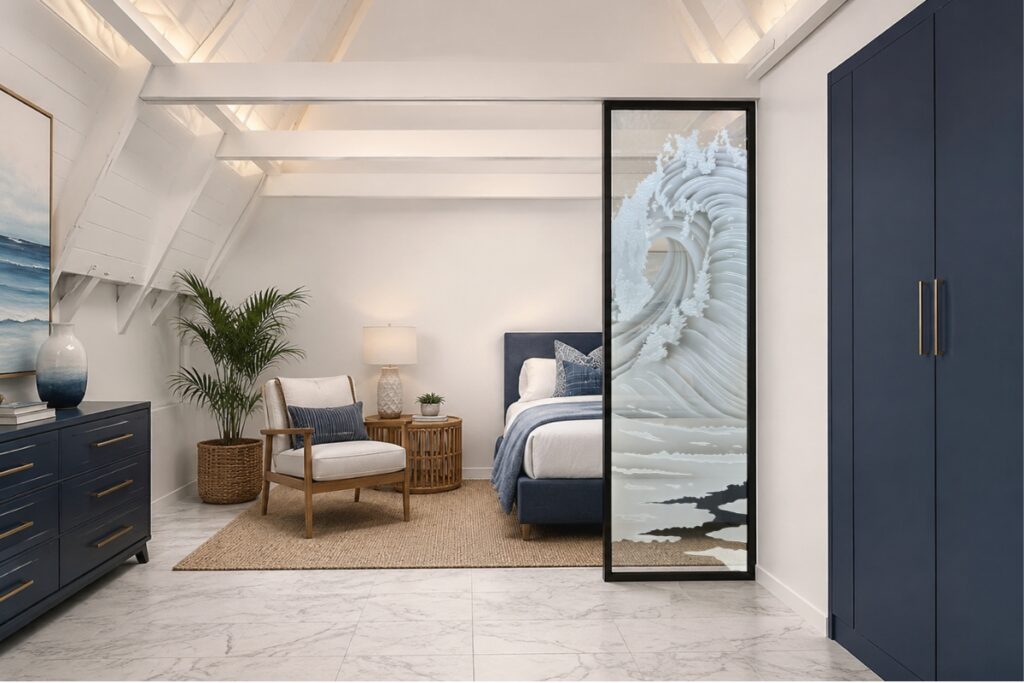 Ocean wave glass partition panel featuring a dramatic 3D Enhanced carved wave design
