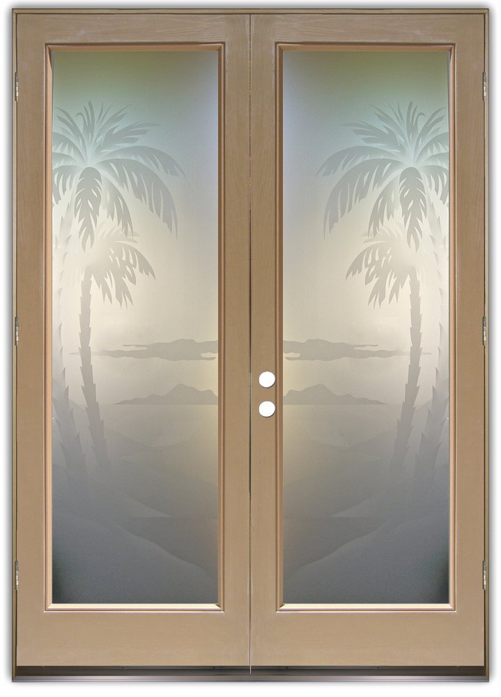 Palms 2D Private Pair Etched Glass Doors Beach Decor